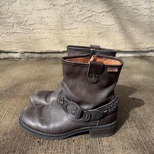 PIKOLINOS BROWN LEATHER HARNESS STRAP ANKLE BOOTS